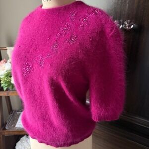 Vintage Angora Blend Sweater Beaded Floral Fuchsia Fuzzy 80s M Grandmacore